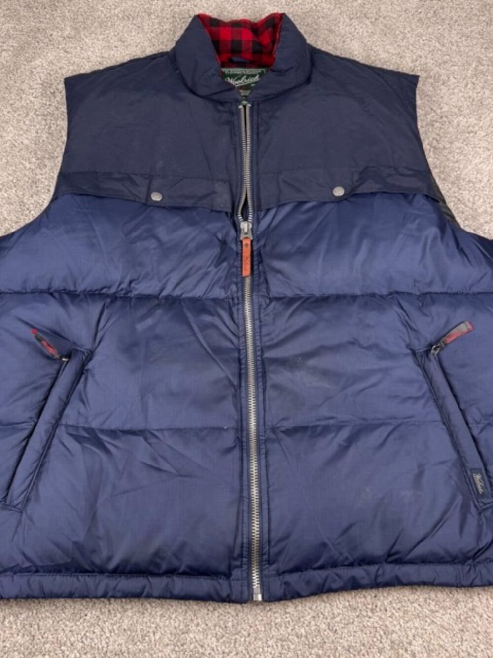 Woolrich Vest Mens XL Blue Duck Down Puffer Plaid Liner Snap Zip Pockets Outdoor
